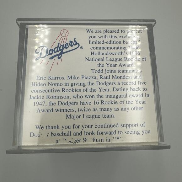 Los Angeles LA Dodgers Baseball 1996 Rookie of Year Todd Hollandsworth Case - Picture 8 of 11